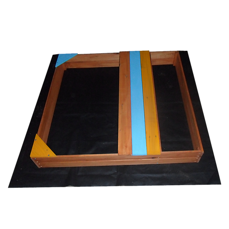 Wooden sandpit with bench seat and storage in blue yellow and brown