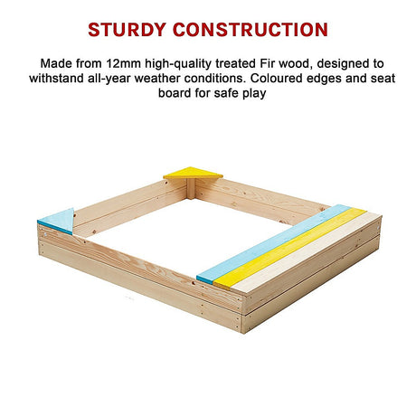 Wooden sandpit with bench seat and storage in blue yellow and brown