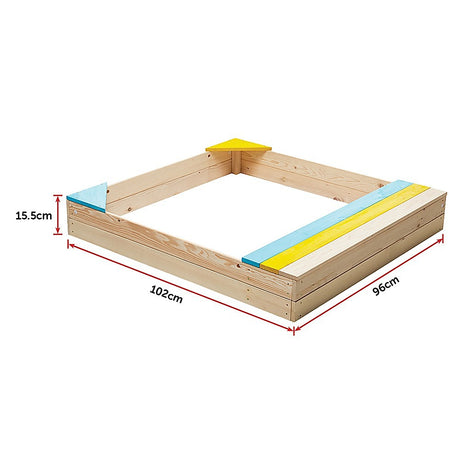 Wooden sandpit with bench seat and storage in blue yellow and brown