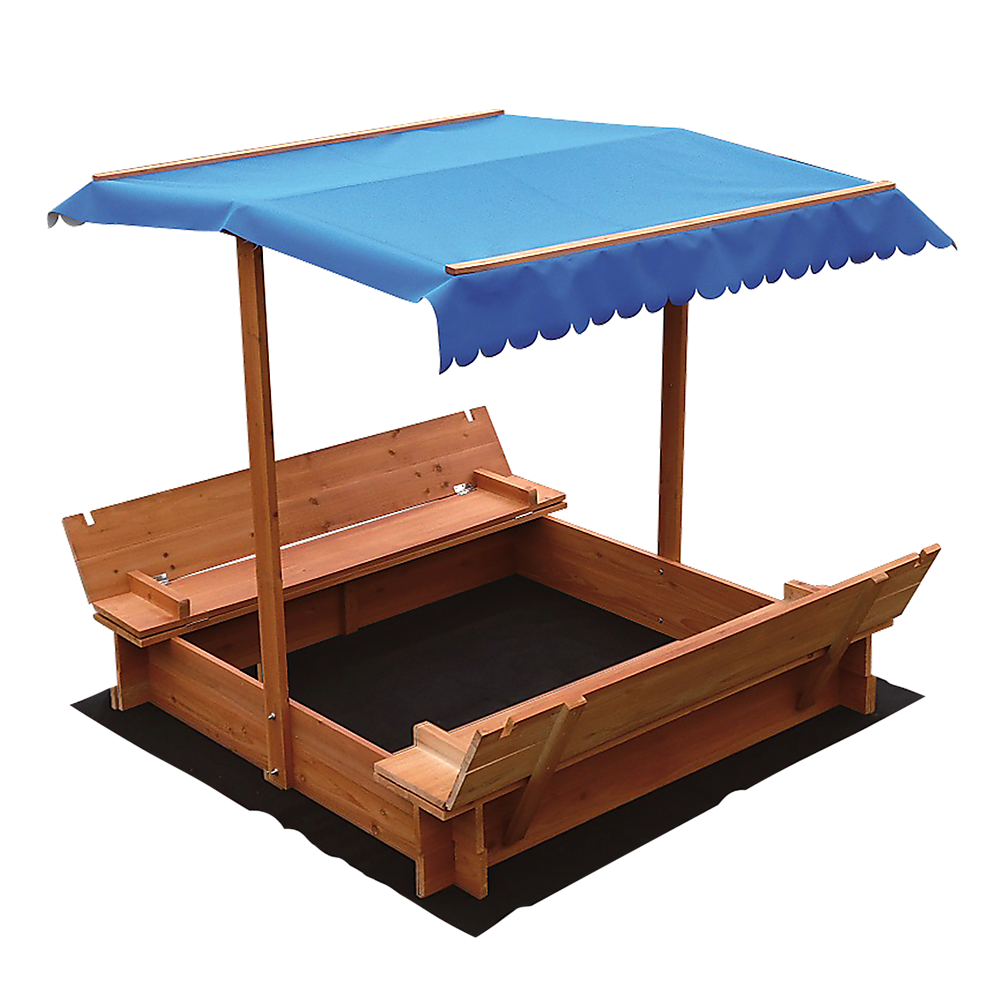 Kids wooden sandpit with white and blue canopy