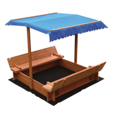 Kids wooden sandpit with white and blue canopy