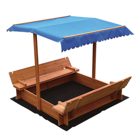 Kids wooden sandpit with white and blue canopy