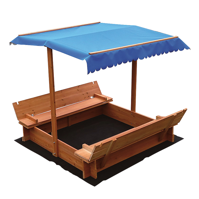 Kids wooden sandpit with white and blue canopy