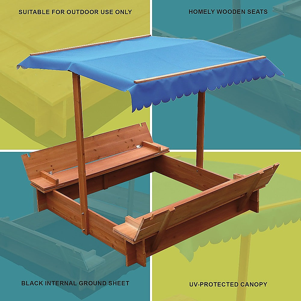 Wooden sandpit seats folded as cover