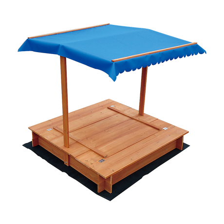 Wooden sandpit interior with ground sheet