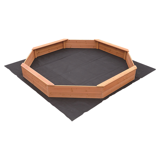 Large octagonal wooden sandpit with bench seats