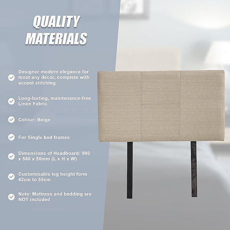 Linen Fabric Single Bed Headboard Bedhead - Beige