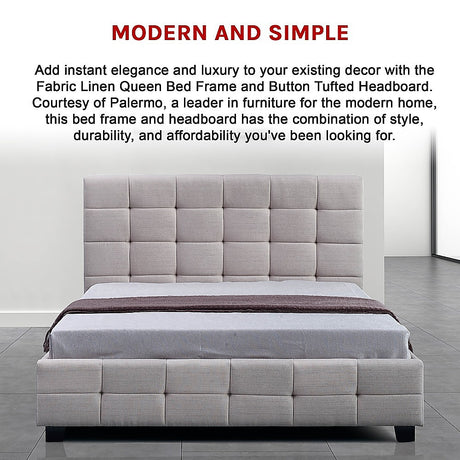 Palermo Beige Linen Queen Bed Frame