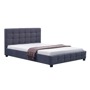 Concord queen bed in grey linen with a button tufted headboard in an elegant bedroom