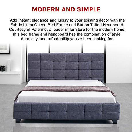 Palermo Grey Linen Queen Bed Frame