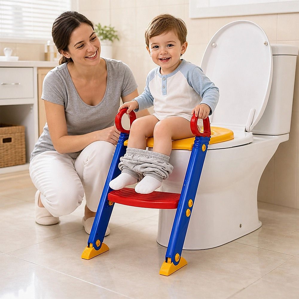 Toilet training ladder attached to family toilet