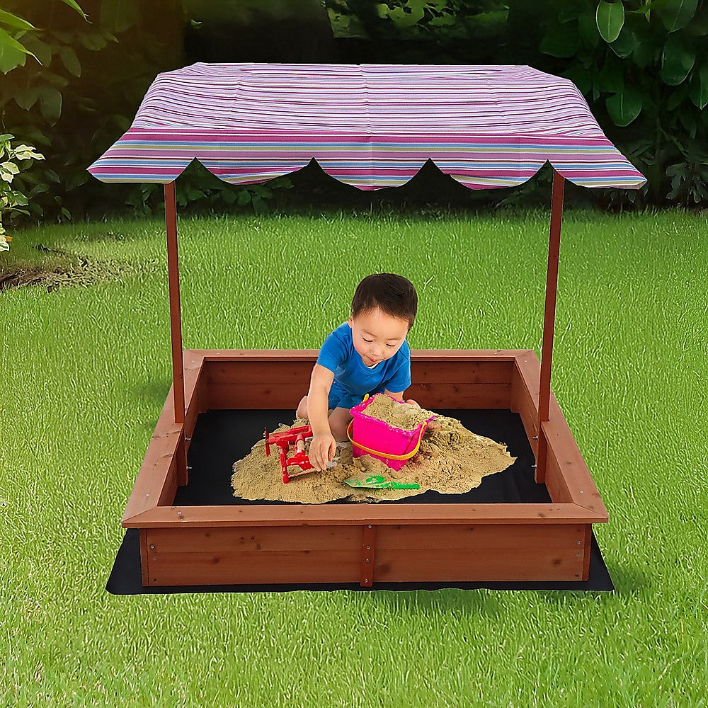 Wooden sandpit with adjustable multi coloured canopy
