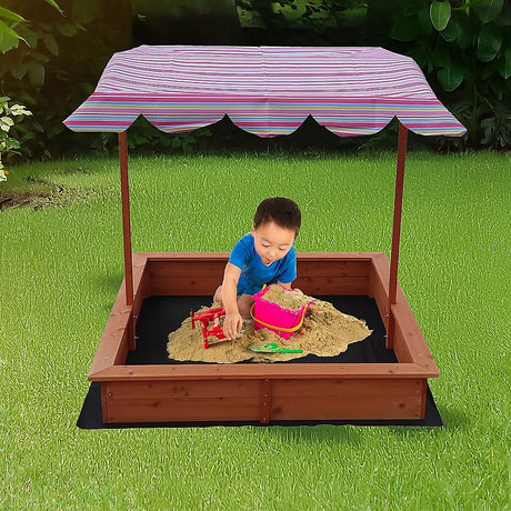 Wooden sandpit with adjustable multi coloured canopy
