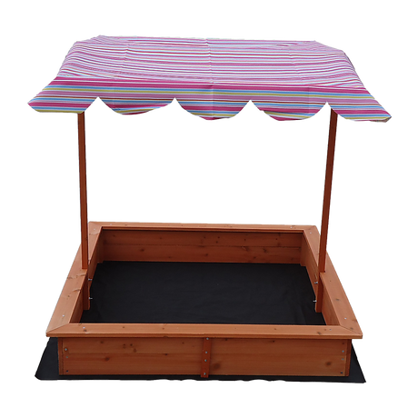 Wooden sandpit with adjustable multi coloured canopy