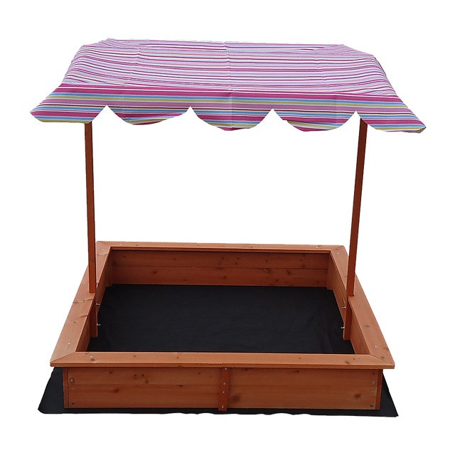 Wooden sandpit with adjustable multi coloured canopy