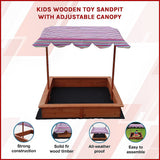 Wooden sandpit with adjustable multi coloured canopy