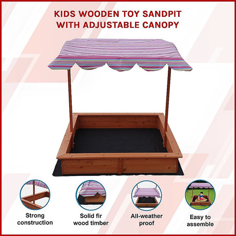 Wooden sandpit with adjustable multi coloured canopy