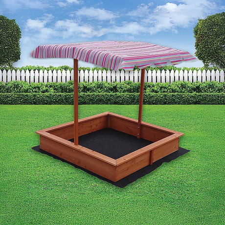 Wooden sandpit with adjustable multi coloured canopy