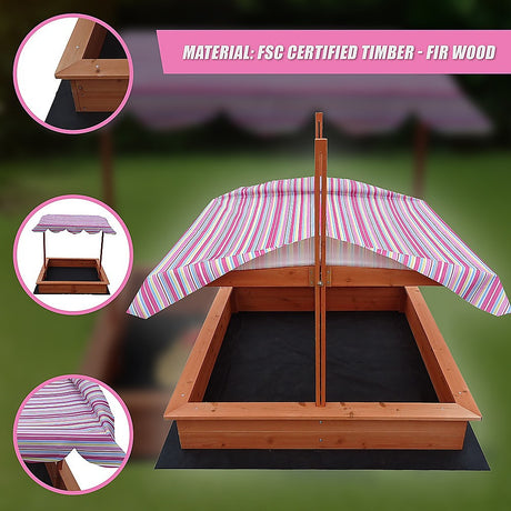 Wooden sandpit with adjustable multi coloured canopy