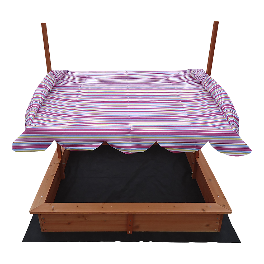 Wooden sandpit with adjustable multi coloured canopy