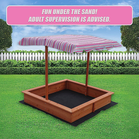 Wooden sandpit with adjustable multi coloured canopy