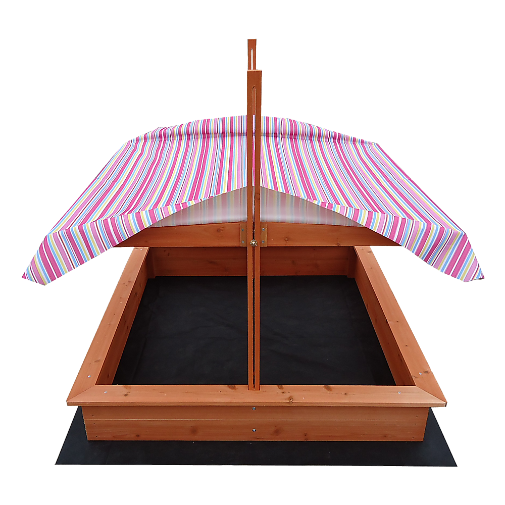 Wooden sandpit with adjustable multi coloured canopy
