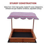 Wooden sandpit with adjustable multi coloured canopy