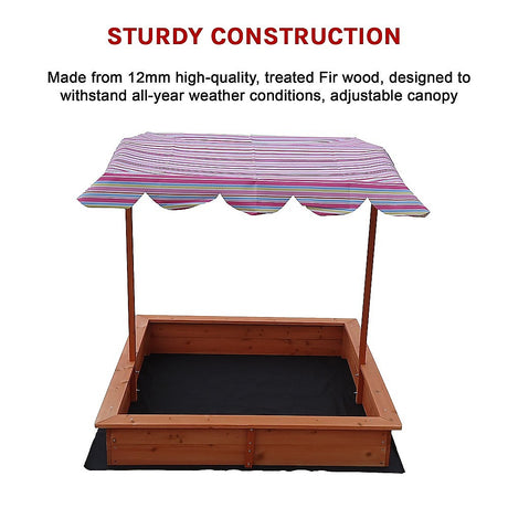 Wooden sandpit with adjustable multi coloured canopy
