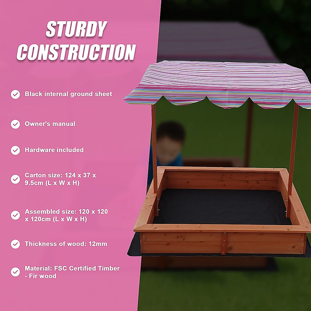Wooden sandpit with adjustable multi coloured canopy