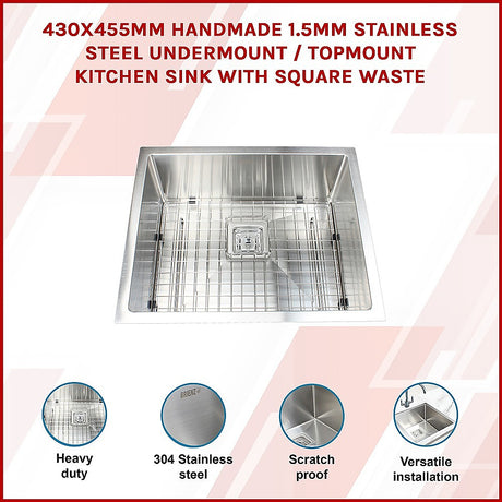 Handmade stainless steel kitchen sink 430x455mm
