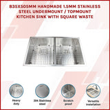 Handmade stainless steel kitchen sink 835x505mm