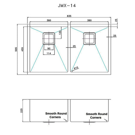 Handmade stainless steel kitchen sink 835x505mm