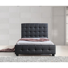 Hurstville king single bed in black PU leather with a padded stitched headboard in a modern bedroom