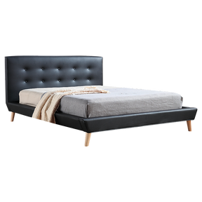 Hurstville double bed in black PU leather with a button tufted headboard in a modern bedroom