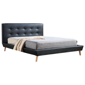 Hurstville queen bed in black PU leather with a button tufted headboard in an elegant master bedroom