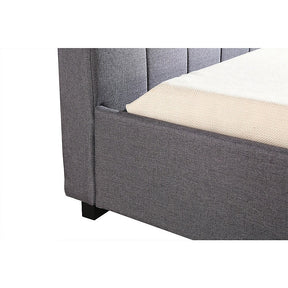 Concord king single bed in grey linen with a padded headboard in a modern bedroom