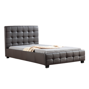 Hurstville king single bed in rich brown PU leather with a padded headboard in a stylish bedroom