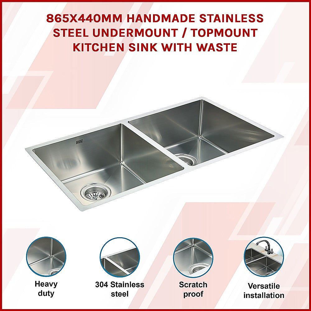 Handmade stainless steel kitchen sink 865x440mm