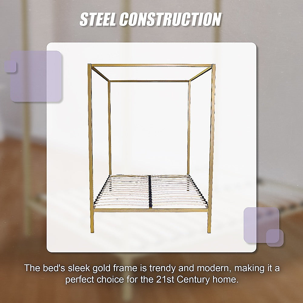 Allure gold four poster queen bed frame corner post and frame detail — Allure Home Collections