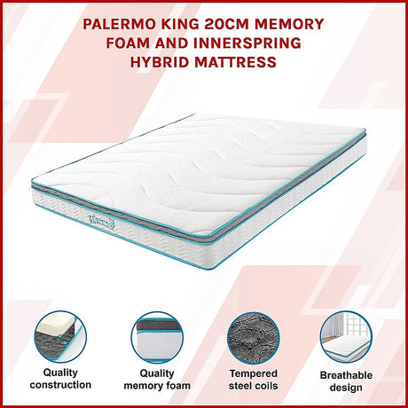 Medium firm hybrid memory foam and innerspring mattress, 20cm king
