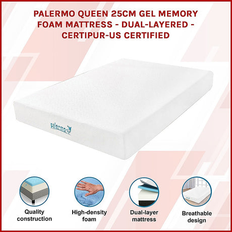 Medium firm gel memory foam mattress, 25cm queen