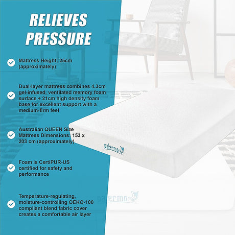 Medium firm gel memory foam mattress, 25cm queen