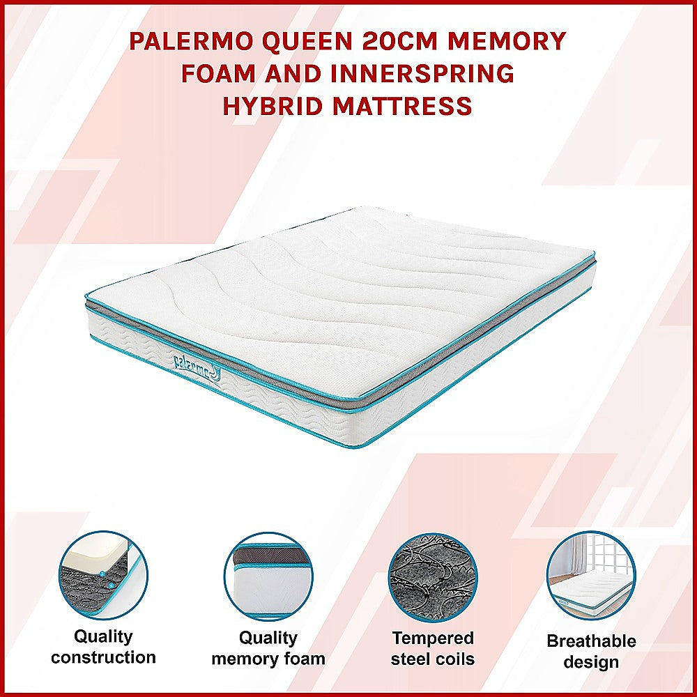 Medium firm memory foam hybrid mattress, 20cm queen