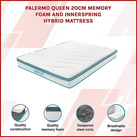 Medium firm memory foam hybrid mattress, 20cm queen