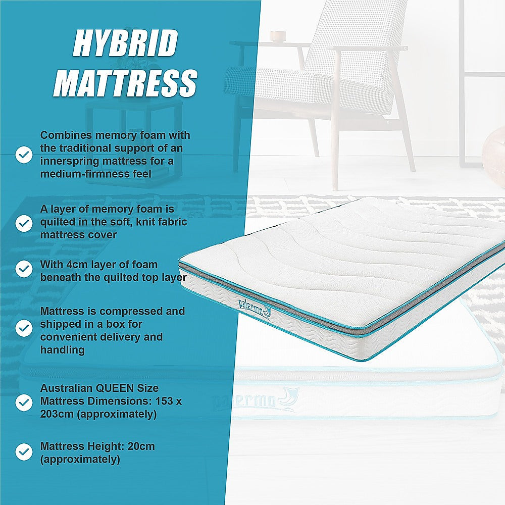 Medium firm memory foam hybrid mattress, 20cm queen