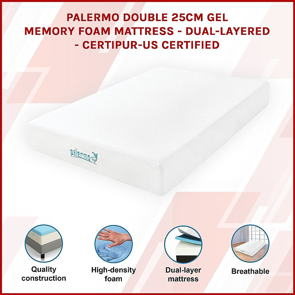 Medium firm gel memory foam mattress, 25cm double