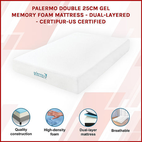 Medium firm gel memory foam mattress, 25cm double
