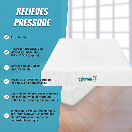 Medium firm gel memory foam mattress, 25cm double