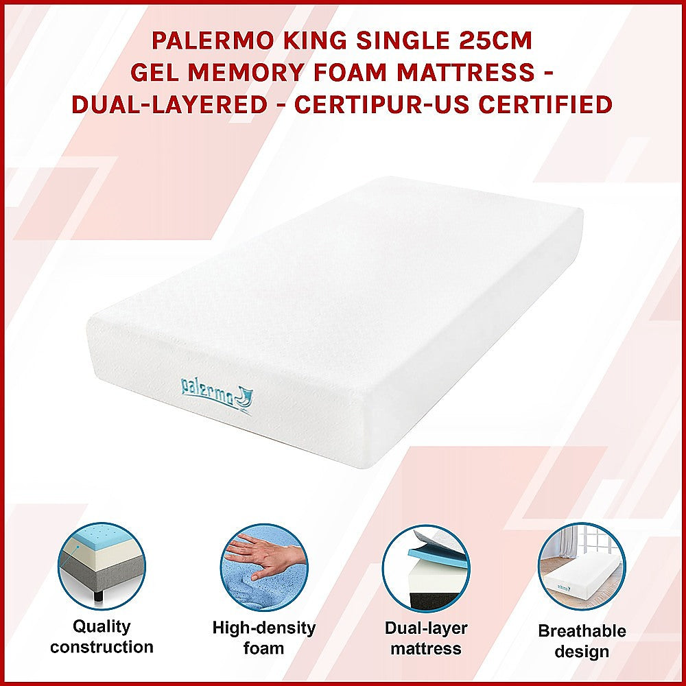 Medium firm gel memory foam mattress, 25cm king single