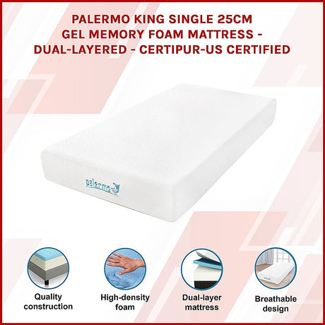 Medium firm gel memory foam mattress, 25cm king single